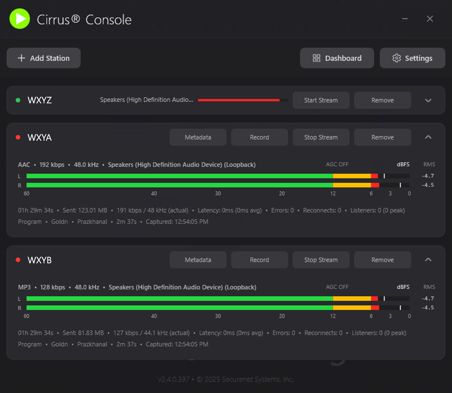 Cirrus Console main interface showing audio levels, metadata display, and broadcasting controls