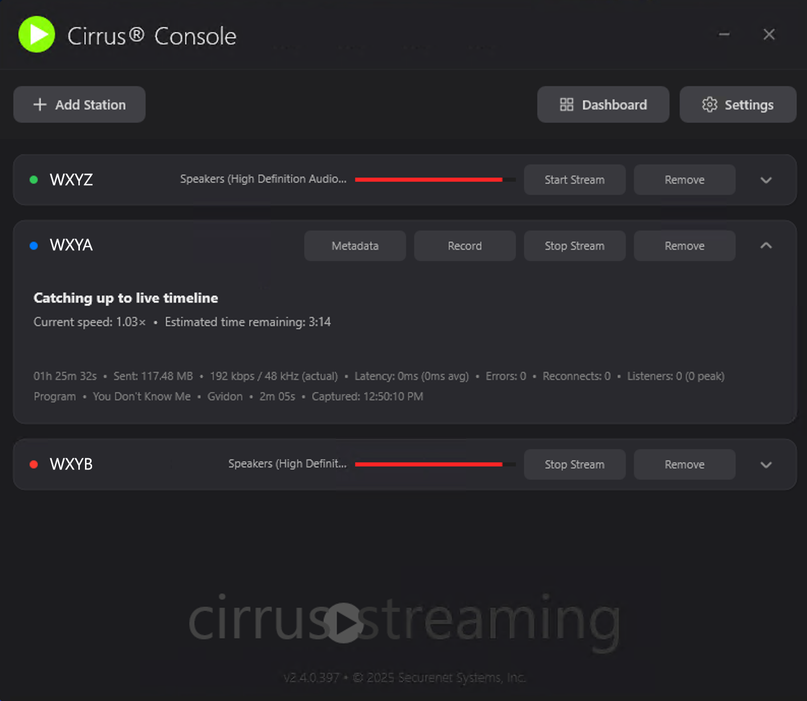 Cirrus Console time display showing broadcast duration and scheduling