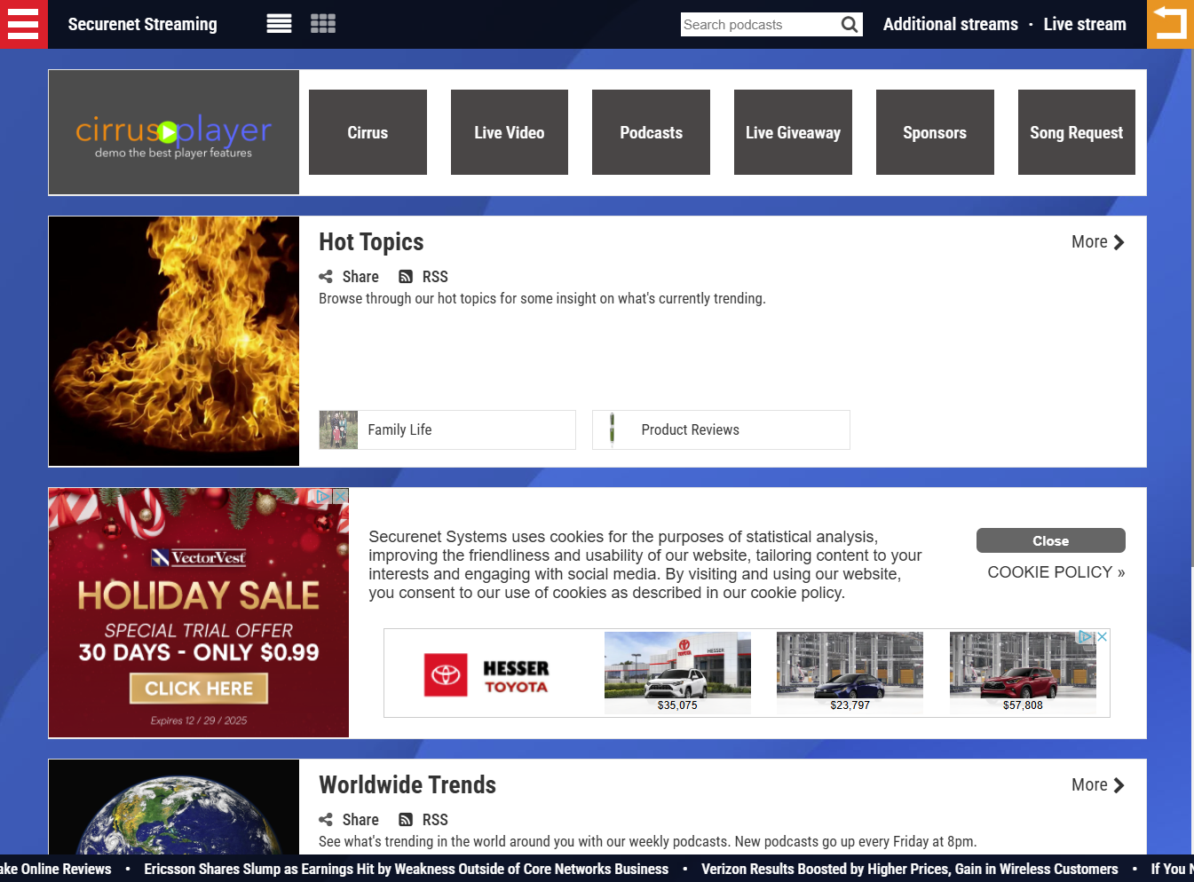 Professional podcast player showing episode playlist, custom branding, and playback controls