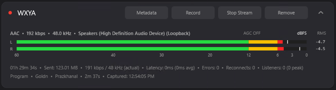 Cirrus Console real-time VU meter showing left and right audio levels with dBFS metering